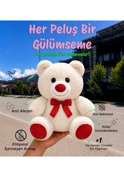 Sevimli Peluş Ayıcık 30cm - Hediyelik & Sevimli Uyku Arkadaşı Peluş Oyuncak Beyaz