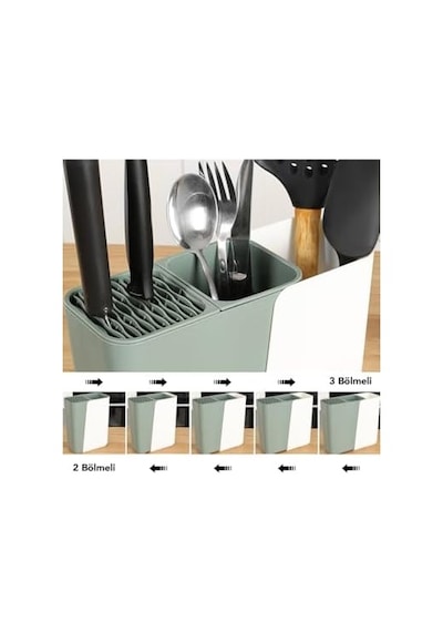 Ayarlanabilir Sürgülü Kaşıklık Bıçaklık Organizer,2-3 Bölmeli Tezgah Üstü Stand Yeşil Diğer
