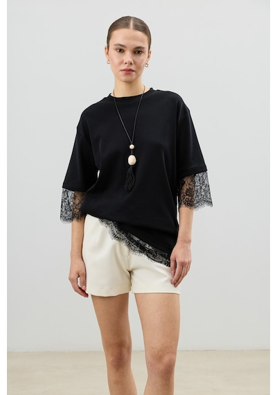 Antioch Dantel Detaylı Kadın T-shirt Siyah