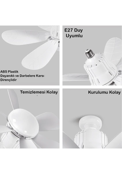 Led Ampullü Tavan Vantilatörü - 6 Pervaneli - 40w - Uzaktan Kumandalı 3 Renk Tonu Seçimli - Kademe Ve Zaman Ayarlı - E27 Duy