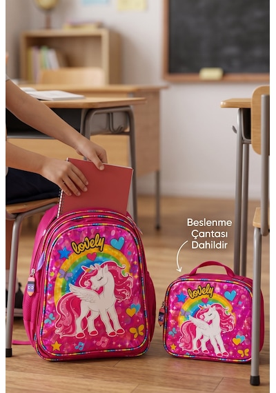 Unicorn İlkokul Okul Çantası Beslenme Çantası Sırt Çantası Simli 2'li Set 35 X 27 X 15 Cm Çok Renkli