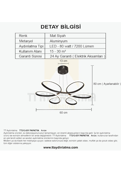 Tt313-Sy Tt Aydınlatma Papatya Modeli Mat Siyah Led Avize
