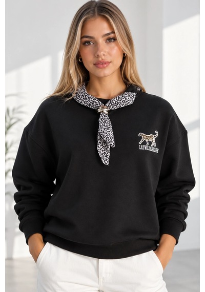 Mevese Bisiklet Yaka Nakışlı Kadın Sweatshirt - Üç İplik Şardonlu Oversize Şık Tasarım - Siyah