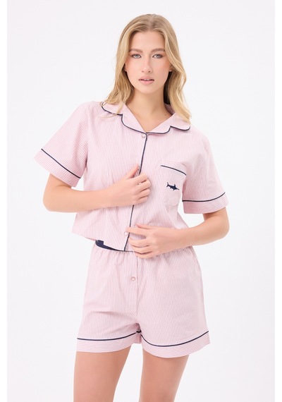 Lespadon Marısılk Seastrıpe Kadın Yazlık Şortlu Crop Gömlekli Pijama & Lounge Takımı-3176 Pudra