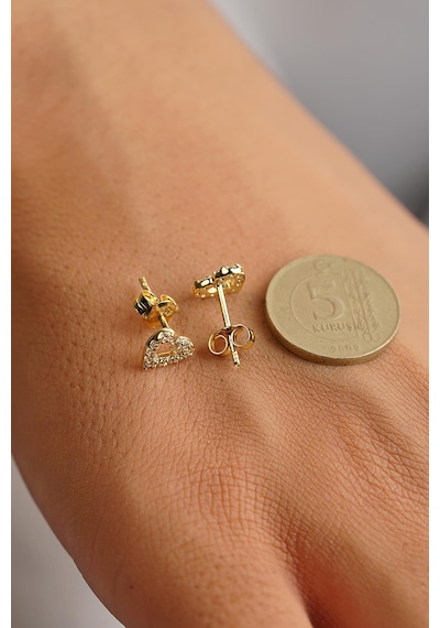 Fiyonk Kuyumculuk 14 Ayar Altın Swarovski Taşlı Kalp Küpe 001
