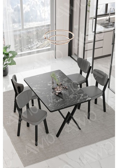 Avvio Pedra Elma Sandalye 80x120 Yemek Masası Mutfak Masası 4 Kişilik Masa Sandalye Takımı Siyah Mermer