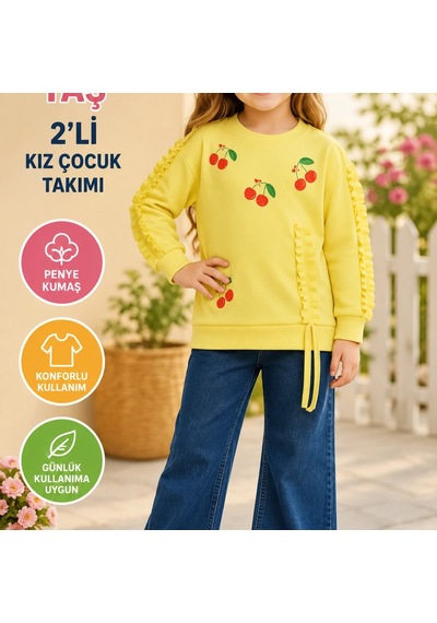 Candar Kiraz Desenli Uzun Kollu Penye Sweat Ve Kot Pantolon 2'li Kız Çocuk Takımı 4-5-6 Yaş Sarı Candar Kiraz Desenli Uzun Kollu Penye Sweat Ve Kot Pantolon 2'li Kız Çocuk Takımı 4-5-6 Yaş Sarı