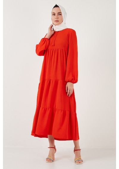Lela Modest Regular Fit Dik Yaka Uzun Bayan Elbise 611El545 Oranj