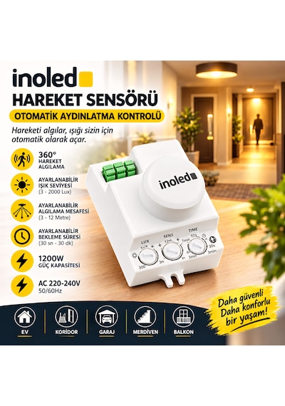 İnoled 5134 360 Rf Hareket Sensörü 16 Metre Algılama Ayarlanabilir Lux-sens-tıme Otomatik Aydınlatma Sensörü 220-240v