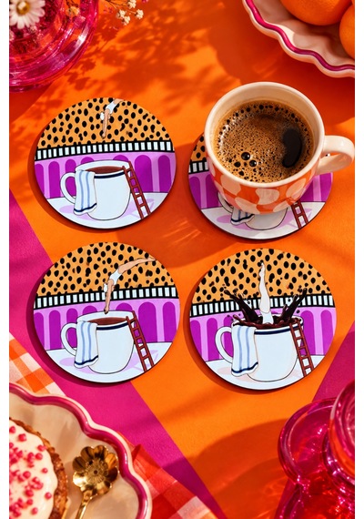 Coffee Dive, Pop Art Kahve Temalı 4 Lü Bardak Altlığı Set 9 Cm, 3 Mm Ahşap Mdf, Dijital Baskı - 930472758 Diğer
