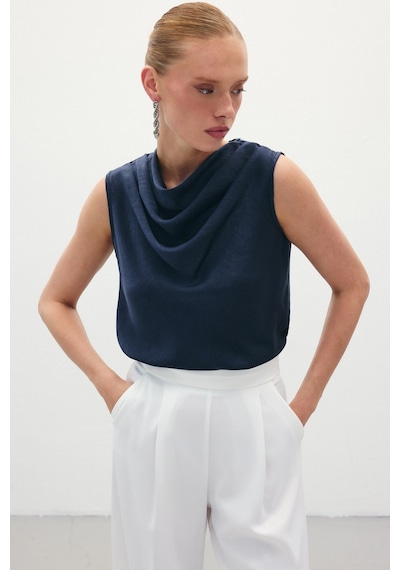 Sateen Degaje Yaka Saten Bluz - Lacivert-136071 Lacivert