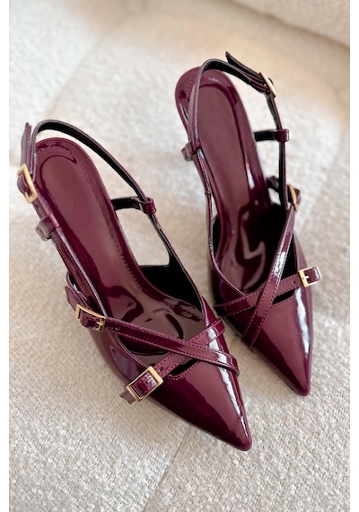 Duxal Shoes İki Bantlı Bordo Rugan Kadın Topuklu Bordo