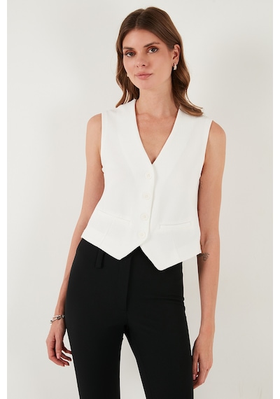Lela Streç Fitted Fit V Yaka Düğmeli Bayan Yelek 5865971 Beyaz