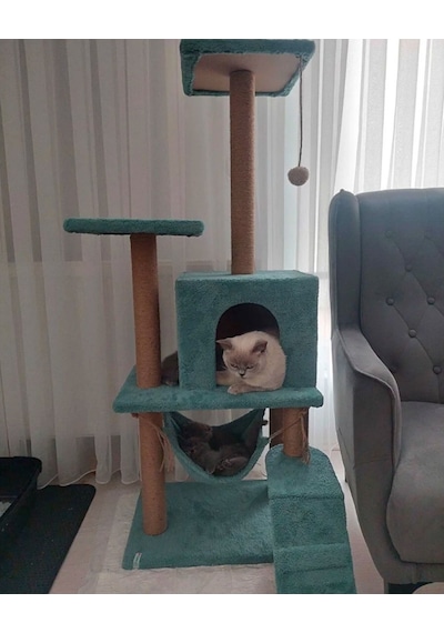 Reyo Pet B-07 Hamaklı Yuvalı Lüx Kedi Tırmalama Oyun Evi Turkuaz