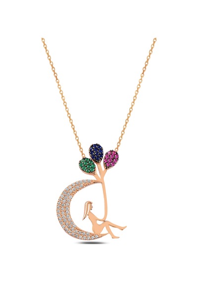 Çekirdekjewelry 925 Ayar Gümüş Ay Kolye Renkli Taşlı Zarif Kadın Tasarım Pembe