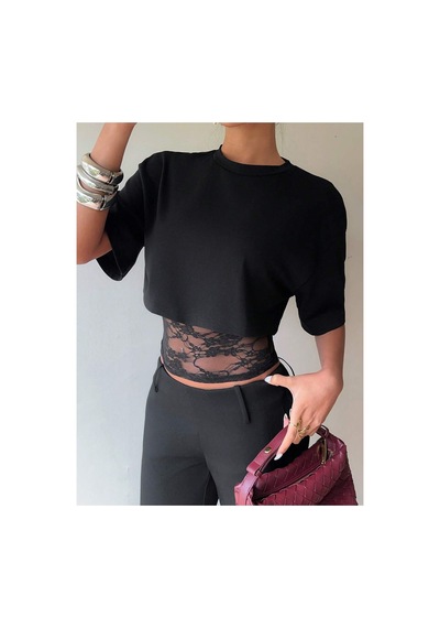 Meren Like Your Style Siyah Crop Tişört Kadın Dantel Detaylı Yuvarlak Yaka Şık Üst Bluz Siyah Meren Like Your Style Siyah Crop Tişört Kadın Dantel Detaylı Yuvarlak Yaka Şık Üst Bluz Siyah