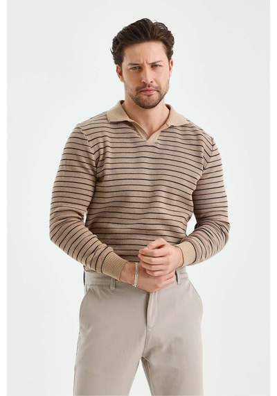 Cool Tarz Erkek Patlı Slim Fit Çizgi Detaylı Uzun Kollu Polo Yaka Triko Kazak Taş Taş