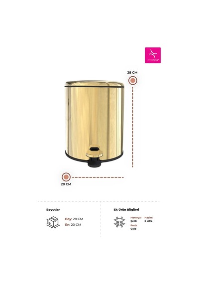 Cigo Metal Pedallı Çöp Kovası 6 Lt - Sarı Gold İç Kısım Siyah-7451