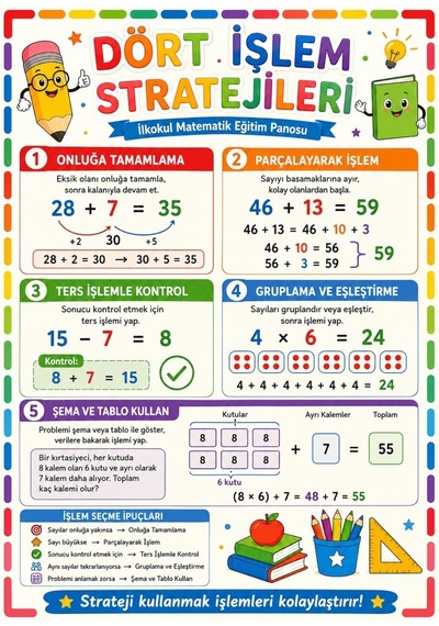 Dört İşlem Stratejileri İlkokul Matematik Eğitim Afişi 50x70 Cm Tüm Yaşlar