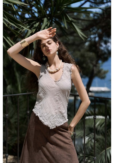 Mai Collection Mai Studios Co. Veilinas Asimetrik Vizon Keten Crop Vizon