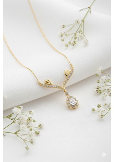 Çekirdekjewelry 925 Ayar Gümüş Zirkon Taşlı Kanatlı Kolye Sarı