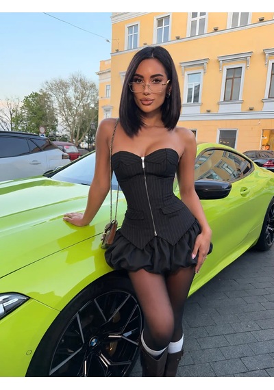Havens Pamela Çizgili Balon Şort Etekli Takım Siyah