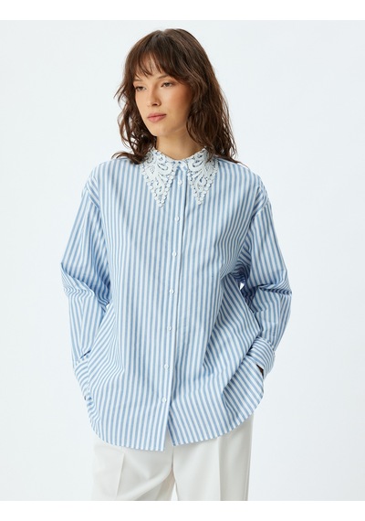 Koton Oversize Gömlek Dantel Yaka Uzun Kollu Mavi Çizgili 5wak60055pw Mavi Çizgili