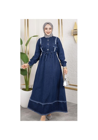 Harman Butik Kadın Püsküllü Denim Kot Elbise Lacivert Lacivert
