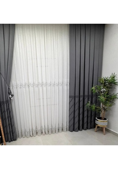 Nivemeshome Eylülzade Gümüş Detay 1/3 Pileli Tül Perde Apm 100x250