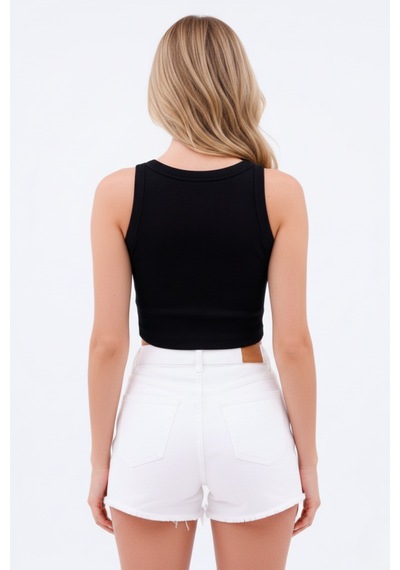 Zedefx Kadın Halter Yaka Pencere Detaylı Crop Bluz Siyah