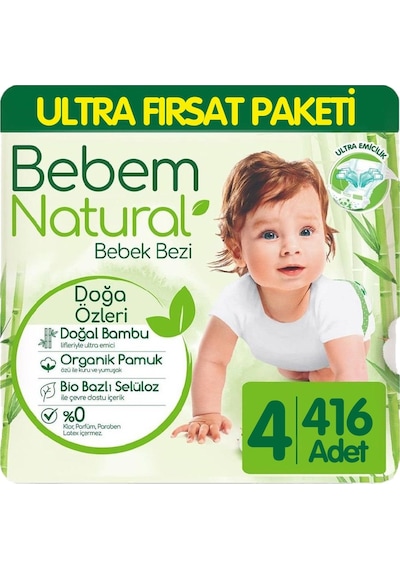 Bebem Natural Bebek Bezi Ultra Fırsat Paketi 4 Numara 104x4 416 Adet 4'lü