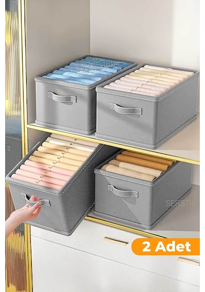 Serstil 2 Adet - Dolap Içi Düzenleyici, Raf Düzenleyici, Katlanabilir Kıyafet Saklama Kutusu 45x25x20 Cm Gri
