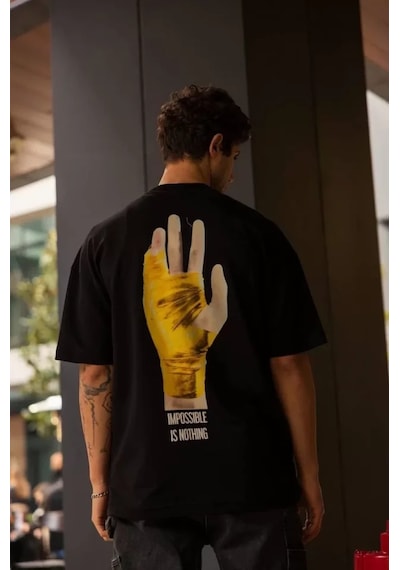 Modi Green Baskılı Unisex Günlük Stil Siyah Mimari Desen Pamuklu Oversize Ti