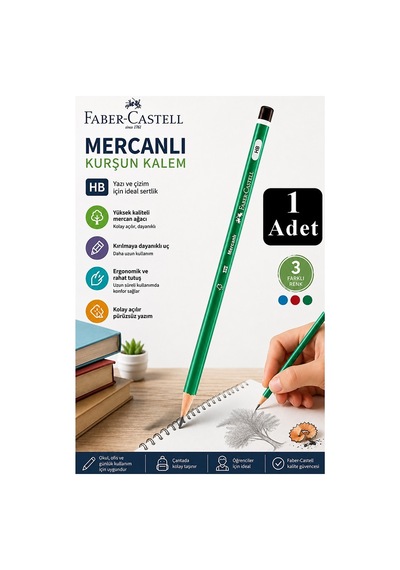 Siyah Kurşun Kalem Mercanlı 1 Adet Faber Castell Mercanlı Kurşun Tahta Kalem Hb Orta Dereceli Öğrenci Kalemi Okul Yeşil