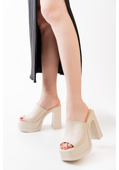Asmi Shoes Kadın Geniş Bantlı 12cm Ortapedik Platform Terlik Krem Krem