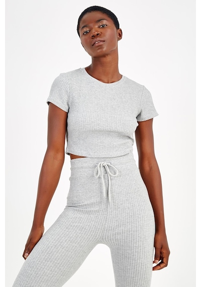 Maraton Sportswear Slimfit Kadın Bisiklet Yaka Kısa Kol Basic Gri Melanj Crop Top 18997 GRI MELANJ Gri Melanj