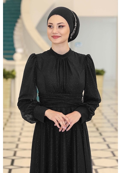 Raika Moda Şık Tasarım Tül Kübra Abiye Siyah