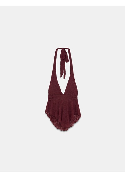 Dilvin 21228 Dantel Halter Yaka Top-bordo