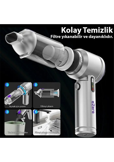 Ezere Vacpro 20000pa Güçlü Dijital Göstergeli Vakumlu Kablosuz Üflemeli Mini Araç Süpürgesi- 5775