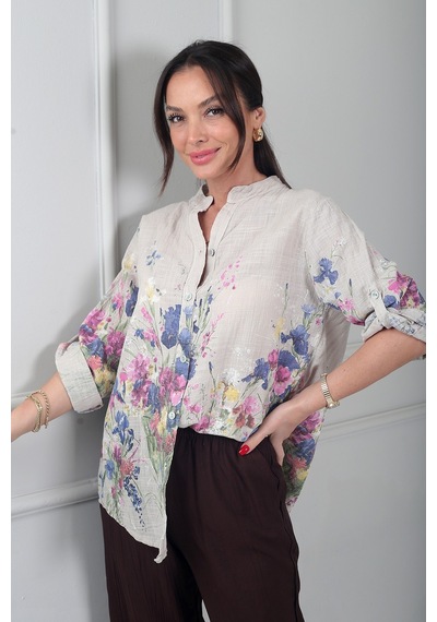 By Saygı Kadın Çiçek Desenli İtalyan Cotton Oversize Gömlek Bej