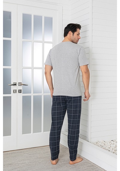 Sude Homewear Erkek Ekoseli Cepli Kısa Kollu Pijama Takımı Gri