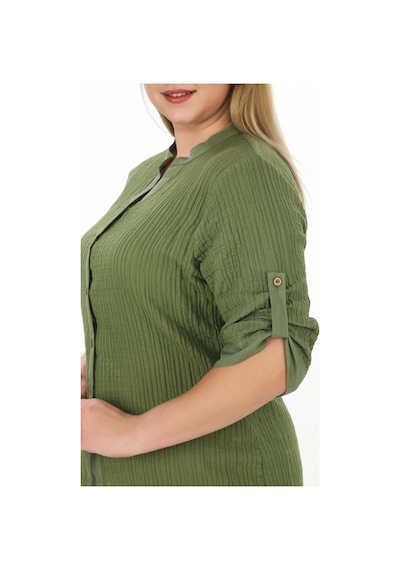 Lady Majestic %100 Cotton Hakim Yaka Büyük Beden Kadın Müslim Kumaş Gömlek Haki