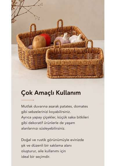 2 Adet Dikdörtgen Hasır Duvar Sepet Seti - Düz Hasır Rattan Duvar Saksısı - Yüksek Kaliteli Çelik Hasır - Tutma Sapı Ve Duvar Aparatı