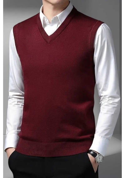 Tezzgelsin Erkek V Yaka Triko Tüylenmez Süveter Erkek Slim Fit Süveter Bordo