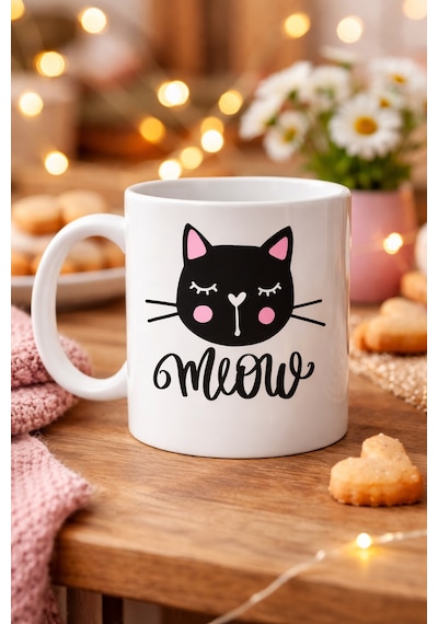 Hemengo Sevimli Kedi Desenli Porselen Kupa Model 63 Meow Yazılı Kahve & Çay Keyfi İçin Tatlı Tasarım Hm Diğer