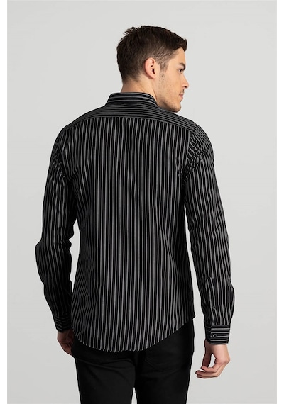 Tudors Slim Fit Dar Kesim Çizgili Oxford Spor Gömlek-20628 Siyah