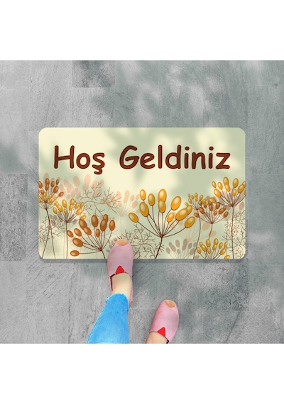 Dijital Baskılı Hoş Geldiniz Yazılır Desenli Dekoratif Dış Kapı Önü Ve Iç Mekan Paspası Yıkanabilir Bej