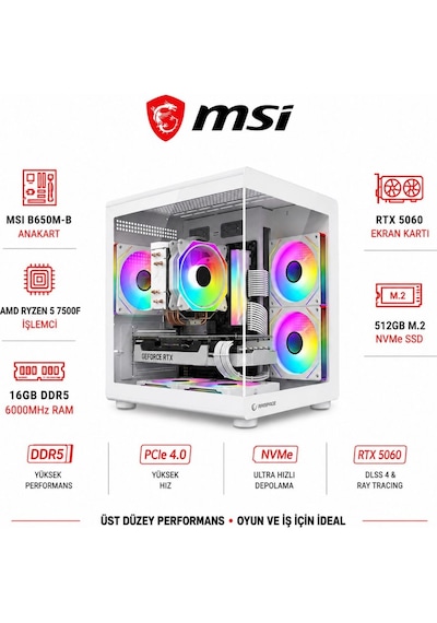 Apphirex CODE X96 R5-7500F 16 GB 512 GB M.2 SSD 8 GB RTX5060 W11P Masaüstü Oyuncu Bilgisayarı Beyaz