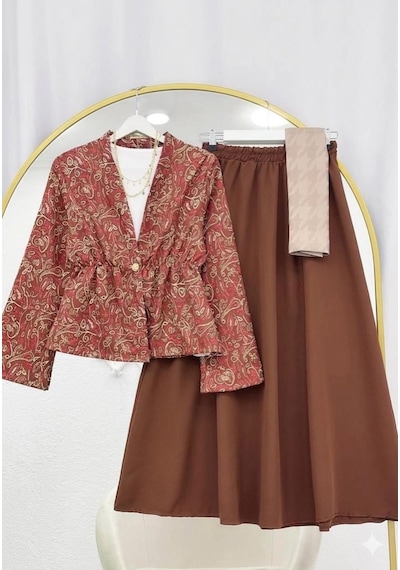 Lovie Moda Kadın Bohem Desenli Etekli Takım - Kahverengi