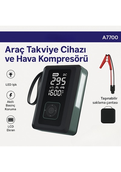 Taşınabilir 4'ü 1 Arada Akü Takviye Cihazı Kompresör, Powerbank